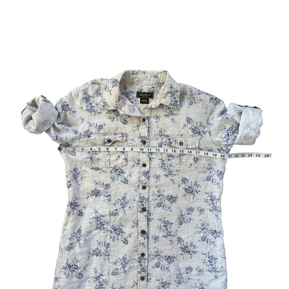 Eddie Bauer Prarie Linen Floral Shirt Dress Cream & Blue 3/4 Sleeve Large - Picture 8 of 10